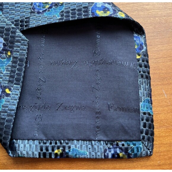 Ermenegildo Zegna 100% Silk Necktie Blue Yellow Floral Designer Made in Italy - Picture 5 of 8